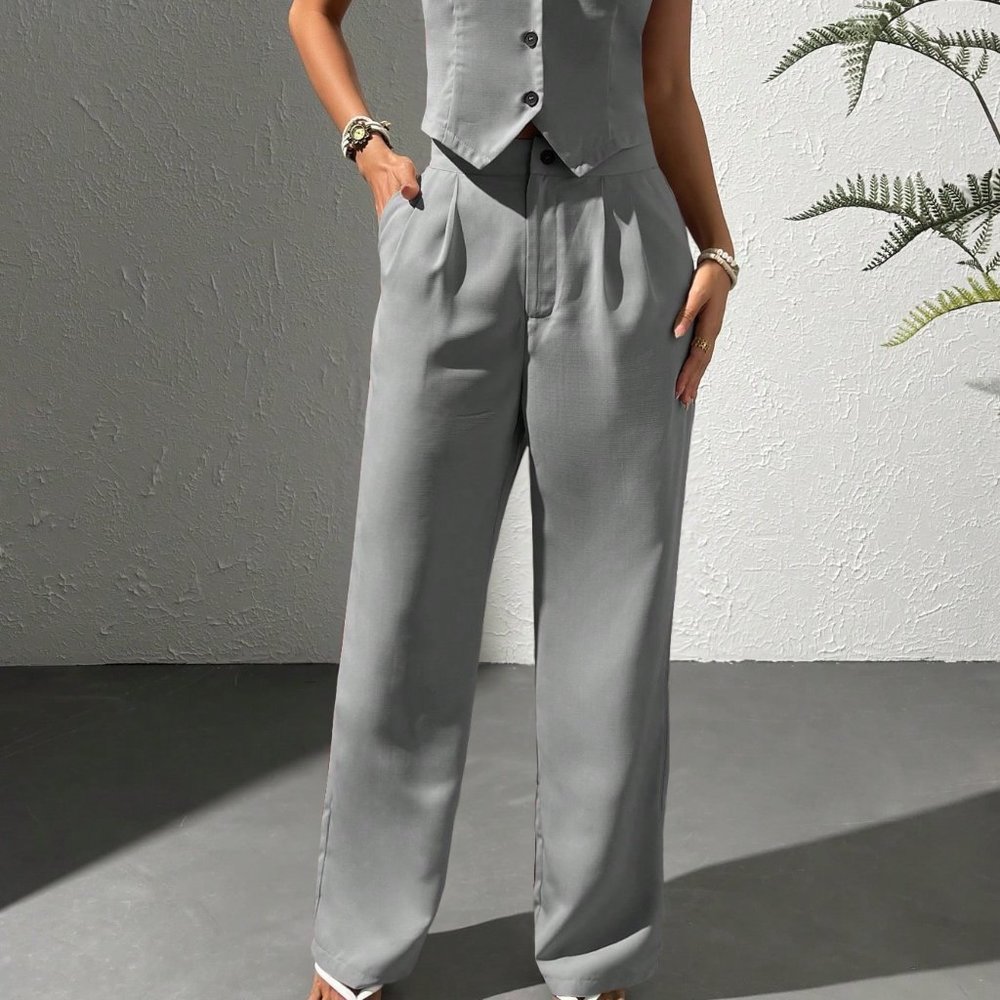 Chic Button Front Vest Blazer & Pants Suit Set Grey - Picture 3 of 5